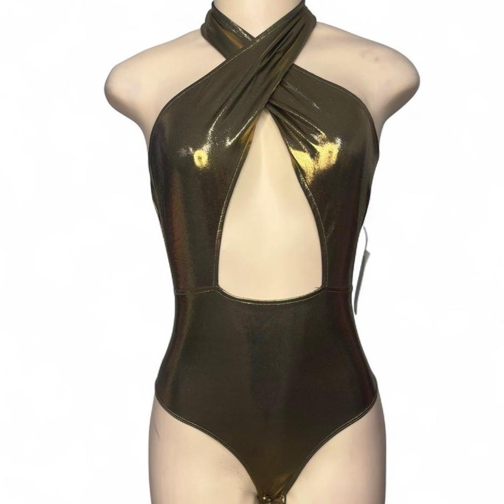 Rave Wear Metallic Gold Criss Cross Halter Bodysuit